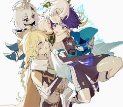 Rule 34 | 2boys, 2girls, :t, aether (genshin impact), armor, blonde hair, blush, braid, carrying, closed eyes, closed mouth, detached sleeves, food, food on face, genshin impact, gloves, grin, hair ornament, halo, highres, holding, holding food, japanese armor, japanese clothes, kote, kurokote, lifting person, long hair, multiple boys, multiple girls, nahida (genshin impact), paimon (genshin impact), purple eyes, purple hair, scaramouche (genshin impact), simple background, single braid, smile, sparkle, tokodenashi, vision (genshin impact), wanderer (genshin impact), white background, white hair