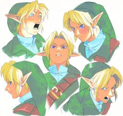 Rule 34 | 1boy, :d, blonde hair, blue eyes, blush, collarbone, cropped shoulders, crying, disgust, earrings, expressions, face, green headwear, green shirt, jewelry, link, looking at viewer, looking back, lower teeth only, male focus, multiple views, nintendo, open mouth, pointy ears, serious, shirt, smile, tears, teeth, the legend of zelda, the legend of zelda: ocarina of time, uzucake, v-shaped eyebrows, white shirt