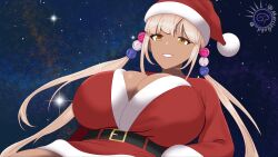 Rule 34 | 1girl, absurdres, breasts, christmas, cleavage, dark-skinned female, dark skin, hair ornament, hat, highres, hololive, hololive english, large breasts, light brown hair, long hair, looking at viewer, md5 mismatch, merriegold d, planet hair ornament, santa costume, santa hat, self-upload, snow, tsukumo sana, twintails, very long hair, virtual youtuber, yellow eyes