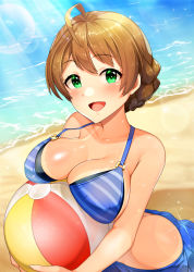 Rule 34 | 1girl, absurdres, ahoge, ball, bare shoulders, beach, beachball, bikini, blue bikini, blush, braid, breasts, cleavage, collarbone, commentary request, day, green eyes, hair between eyes, highres, holding, idolmaster, idolmaster million live!, idolmaster million live! theater days, jai (whany1998), large breasts, light brown hair, looking at viewer, o-ring, ocean, open mouth, sakuramori kaori, smile, solo, sparkle, striped bikini, striped clothes, sunlight, swimsuit, tan, tanline