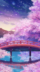 Rule 34 | arch bridge, architecture, branch, bridge, cherry blossoms, cloud, commentary request, east asian architecture, evening, falling petals, full body, highres, inuyasha, moon, mountain, no humans, outdoors, petals, reflection, reflective water, scenery, sky, sunset, tree, water, xi chen chen