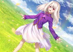 Rule 34 | 1girl, ascot, blue sky, blush, breasts, fate/stay night, fate (series), gyatto624, hair between eyes, highres, illyasviel von einzbern, long hair, long sleeves, looking at viewer, open mouth, purple shirt, red eyes, shirt, sidelocks, skirt, sky, small breasts, smile, solo, white hair, white skirt