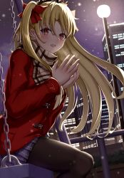 Rule 34 | 1girl, absurdres, black pantyhose, blonde hair, building, cityscape, ereshkigal (fate), fate/grand order, fate (series), hair ribbon, highres, jacket, lamppost, long hair, long sleeves, night, outdoors, pantyhose, plaid, plaid scarf, red eyes, red jacket, red ribbon, ribbon, scarf, solo, toukan, two side up, very long hair