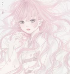 Rule 34 | 1girl, absurdres, cherry blossoms, commentary request, floating hair, hand up, highres, japanese clothes, kimono, long hair, long sleeves, looking at viewer, nail polish, obi, original, parted lips, petals, pink eyes, pink hair, pink theme, sash, seal impression, signature, solo, uchikake, upper body, ushiyama ame, white background, white kimono, wide sleeves