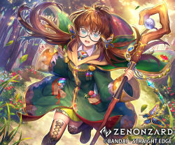Rule 34 | 1girl, :o, aqua eyes, boots, brown hair, brown legwear, bug, butterfly, butterfly hair ornament, company name, copyright name, crystal, day, flower, glasses, grass, green robe, hair ornament, hashimoto hato, holding, holding staff, insect, knee boots, long hair, looking at viewer, low twintails, official art, outdoors, pocket, pointy ears, robe, running, scroll, staff, sunlight, twintails, wide sleeves, zenonzard