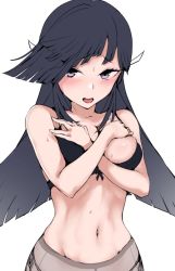 Rule 34 | 1girl, black bra, black hair, bra, breasts, commentary request, covering privates, covering breasts, cowboy shot, gradient hair, hair over one eye, hayashimo (kancolle), hime cut, kantai collection, long hair, looking at viewer, medium breasts, multicolored hair, navel, open mouth, panties, pantyhose, side-tie panties, simple background, solo, underwear, very long hair, white background, yukiguni yuu