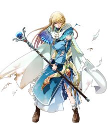 1boy androgynous blonde_hair blue_eyes blue_robe boots cape fire_emblem fire_emblem:_the_blazing_blade fire_emblem_heroes full_body highres holding holding_staff itagaki_hako jewelry long_hair lucius_(fire_emblem) male_focus nintendo official_art robe solo staff third-party_source torn_clothes transparent_background white_cape