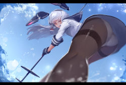 Rule 34 | 10s, 1girl, angry, ass, bent over, blue sky, brown eyes, day, fingerless gloves, from below, gloves, highres, kantai collection, kneepits, letterboxed, long hair, looking at viewer, looking back, murakumo (kancolle), outdoors, panties, panties under pantyhose, pantyhose, polearm, revision, silver hair, sky, sola7764, solo, splashing, thighband pantyhose, underwear, upskirt, water, weapon, white panties
