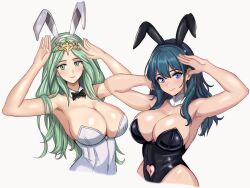 Rule 34 | 2girls, absurdres, alternate costume, animal ears, armpits, arms up, bare arms, bare shoulders, black hairband, black leotard, blue eyes, blue hair, breasts, byleth (female) (fire emblem), byleth (fire emblem), cleavage, clothing cutout, commentary request, detached collar, fake animal ears, fire emblem, fire emblem: three houses, green eyes, green hair, grey background, hairband, highres, large breasts, leotard, long hair, looking at viewer, mali-sa, multiple girls, navel, navel cutout, nintendo, playboy bunny, rabbit ears, rhea (fire emblem), simple background, smile, strapless, strapless leotard, upper body, very long hair, white hairband, white leotard
