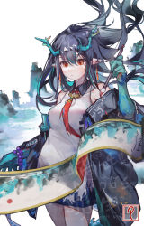 Rule 34 | 1girl, absurdres, arknights, arm up, bare shoulders, bead bracelet, beads, black collar, black hair, black jacket, bracelet, breasts, calligraphy brush, china dress, chinese clothes, cleavage, collar, collarbone, colored skin, cowboy shot, dragon horns, dress, dusk (arknights), ear piercing, floating hair, green hair, green skin, hair between eyes, hand up, highres, holding, holding brush, horns, jacket, jewelry, medium breasts, mido (mido chen), multicolored hair, necktie, off shoulder, open clothes, open jacket, orange eyes, paintbrush, piercing, pointy ears, red necktie, scroll, sleeveless, sleeveless dress, solo, streaked hair, white dress