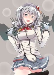 Rule 34 | 10s, 1girl, blue eyes, blush, breasts, epaulettes, female focus, hat, kantai collection, kashima (kancolle), large breasts, looking at viewer, military, military uniform, miniskirt, open mouth, panties, pantyshot, pleated skirt, riding crop, silver hair, skirt, smile, solo, twintails, underwear, uniform, wavy hair, yokoshima (euphoria)