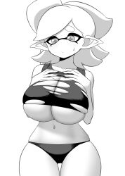 Rule 34 | + +, 1girl, absurdres, black panties, blush, breasts, closed mouth, collarbone, female focus, greyscale, hands on own chest, highres, large breasts, marie (splatoon), mole, mole under eye, monochrome, navel, nintendo, panties, pero (pero7762), pointy ears, shirt, short hair, simple background, solo, splatoon (series), standing, sweatdrop, tentacle hair, torn clothes, torn shirt, underboob, underwear, white background, white hair