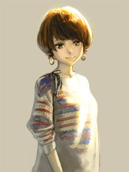 Rule 34 | 1girl, aro (charged time out), bad id, bad pixiv id, bob cut, brown eyes, brown hair, casual, earrings, female focus, jewelry, lips, original, short hair, simple background, sleeves pushed up, smile, solo, sweater