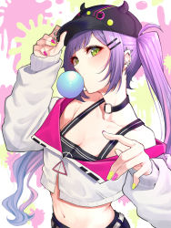 Rule 34 | 1girl, baseball cap, black choker, black hat, black tank top, blowing bubbles, blunt bangs, blush, breasts, chewing gum, choker, cleavage, commentary request, cowboy shot, crop top, ear piercing, eyelashes, fake horns, green eyes, green nails, hand on headwear, hat, head tilt, highres, hololive, horned headwear, horns, jacket, long hair, long sleeves, looking at viewer, medium breasts, midriff, mikan (chipstar182), multicolored hair, multicolored nails, nail polish, navel, o-ring, off-shoulder jacket, off shoulder, paint splatter, piercing, pink hair, purple hair, purple nails, simple background, solo, streaked hair, tank top, tokoyami towa, twintails, two-tone hair, virtual youtuber, white background, white jacket