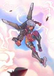 Rule 34 | 1girl, absurdres, airborne, apex legends, armor, bastian tysiak, black footwear, bodysuit, boots, breastplate, clenched hand, commentary, controller, english commentary, full body, grey hair, highres, holding, jetpack, joystick, knee boots, looking at viewer, armored boots, missile, orange bodysuit, orange eyes, parted lips, short hair, smoke, solo, valkyrie (apex legends), western comics (style)