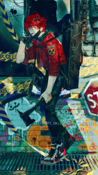 Rule 34 | 1boy, absurdres, axe, backpack, bag, black pants, broken window, cigarette, from side, highres, holding, holding axe, holding cigarette, jacket, looking at viewer, looking to the side, male focus, open clothes, open jacket, original, pants, pigeon666, red eyes, red hair, red jacket, sanpaku, shoes, shoulder bag, smile, smoke, sneakers, solo, standing