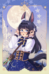 1girl adjusting_eyewear animal_ears black_hair blue_bow blue_bowtie blue_eyes book bow bowtie braid brown_bag crown_braid ear_ornament full_moon gaman glasses gradient_background highres horse_ears horse_girl long_hair long_sleeves looking_at_viewer moon official_alternate_costume official_alternate_hairstyle open_mouth semi-rimless_eyewear shirt solo umamusume under-rim_eyewear upper_body white_shirt zenno_rob_roy_(inlaid_stories)_(umamusume) zenno_rob_roy_(umamusume)