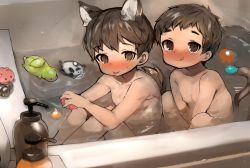 Rule 34 | 2boys, :p, animal ears, bad id, bad pixiv id, bath, bathing, blush, brown eyes, brown hair, child, dog boy, dog ears, dog tail, full body, highres, looking at viewer, male focus, multiple boys, nipples, original, same-sex bathing, shared bathing, shirokujira, tail, tongue, tongue out, wet