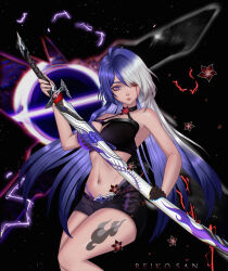 absurdres acheron_(honkai:_star_rail) artist_name bare_shoulders belt black_belt black_choker black_gloves black_hole black_shirt black_shorts blood bloody_tears breasts choker cleavage commentary cowboy_shot criss-cross_halter crop_top electricity english_commentary flower gloves gradient_hair halterneck heterochromia highres holding holding_sword holding_weapon honkai:_star_rail honkai_(series) katana large_breasts leg_tattoo lissa-lol long_hair looking_at_viewer midriff multicolored_hair navel paid_reward_available purple_eyes purple_hair red_eyes red_flower shirt shorts single_glove sword tattoo two-tone_hair very_long_hair weapon white_hair