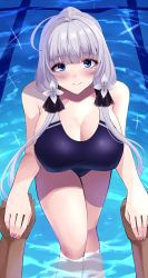 Rule 34 | 1girl, azur lane, bare shoulders, blue eyes, blue one-piece swimsuit, blush, breasts, cleavage, closed mouth, feet out of frame, flower, from above, hair flower, hair ornament, hair ribbon, highres, holding hands, illustrious (azur lane), large breasts, long hair, looking at viewer, mole, mole under eye, nail polish, one-piece swimsuit, pink nails, pool, ribbon, school swimsuit, silver hair, smile, solo, standing, swimsuit, water, wee (weeyy)