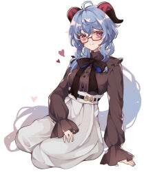 Rule 34 | 1girl, ahoge, arm support, black bow, black bowtie, black shirt, blue hair, bow, bowtie, commentary request, frilled shirt, frills, ganyu (china merchants bank) (genshin impact), ganyu (genshin impact), genshin impact, geppeikun, glasses, goat horns, hair between eyes, heart, high-waist skirt, highres, horns, long hair, long sleeves, looking at viewer, low ponytail, official alternate costume, orange eyes, semi-rimless eyewear, shirt, sidelocks, simple background, sitting, skirt, smile, solo, wariza, white background, white skirt, wide sleeves
