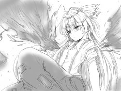 Rule 34 | 1girl, blush, bow, buttons, closed mouth, collared shirt, commentary request, dress shirt, efukei, expressionless, fiery wings, fujiwara no mokou, greyscale, hair bow, highres, long hair, looking to the side, monochrome, pants, shirt, short sleeves, sitting, solo, suspenders, torn clothes, torn sleeves, touhou, white background, wings