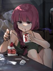 Rule 34 | 1girl, alcohol carton, bare shoulders, black bow, black nails, bocchi the rock!, bow, braid, cake, closed mouth, collarbone, commentary request, dress, drinking straw, drinking straw in mouth, food, funi mu9, green dress, hair bow, highres, hime cut, hiroi kikuri, indoors, light particles, long hair, nail polish, purple eyes, purple hair, single braid, sitting, solo, spaghetti strap, strap slip