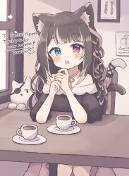 Rule 34 | 1girl, :o, absurdres, animal, animal ears, bare shoulders, black dress, black hair, blue eyes, blunt bangs, blush, bow, braid, brown hair, cafe, cat, cat ears, cat girl, cat tail, chair, coffee, colon br, commission, cowboy shot, cup, dress, fang, heterochromia, highres, indoors, long hair, multicolored hair, neck ribbon, open mouth, original, pink ribbon, red eyes, ribbon, side braid, skeb commission, skin fang, solo, table, tail, tail bow, tail ornament, teacup
