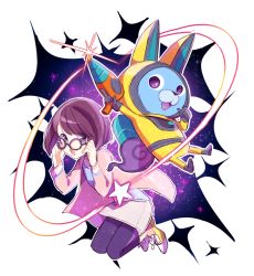 Rule 34 | 10s, 1girl, animal ears, arisusama, bad id, bad pixiv id, rabbit ears, glasses, helmet, misora inaho, open mouth, pantyhose, purple hair, short hair, skirt, space, spacesuit, star (symbol), usapyon, white background, traditional youkai, youkai watch, youkai watch 3