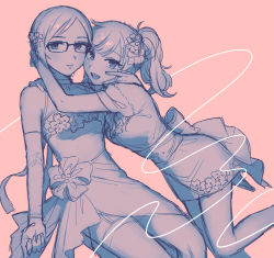 Rule 34 | 2girls, :d, aikawa chinatsu, arms around neck, bare shoulders, bow, chiyoko (tykchiyo), choker, closed mouth, dress, elbow gloves, flower, glasses, gloves, hair flower, hair ornament, highres, hug, idolmaster, idolmaster cinderella girls, long hair, multiple girls, ohtsuki yui, open mouth, pink background, ponytail, puffy short sleeves, puffy sleeves, short hair, short sleeves, simple background, sleeveless, sleeveless dress, smile, teeth, thighhighs, upper teeth only