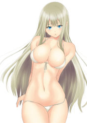 Rule 34 | 1girl, arms behind back, bare shoulders, bikini, blonde hair, blue eyes, blush, breasts, cleavage, cowboy shot, curvy, large breasts, long hair, looking at viewer, muffin (sirumeria), navel, open mouth, original, simple background, solo, string bikini, swimsuit, white background, white bikini