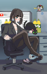 Rule 34 | 1girl, alternate costume, beimu lakia, blue eyes, blush, breasts, cat, chair, cleavage, desk, feet, highres, medium hair, office chair, office lady, pantyhose, shoes, unworn shoes, sitting, soles, swivel chair, virtual youtuber