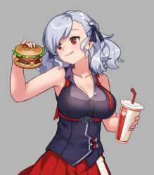 Rule 34 | 1girl, armpits, breasts, burger, cleavage, closed mouth, cup, disposable cup, drinking straw, food, girls&#039; frontline, grey background, hair between eyes, holding, holding cup, holding food, lim jaejin, medium hair, purple shirt, red eyes, red skirt, shirt, silver hair, simple background, skirt, sleeveless, sleeveless shirt, solo, spas-12 (girls&#039; frontline), tongue, tongue out