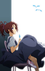 Rule 34 | 1girl, absurdres, backlighting, bad id, bad pixiv id, bird, black socks, blue dress, brown hair, chair, closed mouth, commentary request, dated, dress, feathers, from side, hair ornament, hair scrunchie, hibike! euphonium, highres, holding, holding feather, knee up, liz to aoi tori, long hair, looking away, looking up, nakagawa natsuki, neck ribbon, nii manabu, on chair, pinafore dress, pink footwear, ponytail, purple eyes, ribbon, scrunchie, shirt, shoes, short sleeves, signature, simple background, sitting, sleeveless dress, smile, sneakers, socks, solo, white background, white shirt