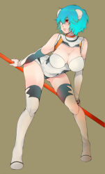Rule 34 | 1girl, akishima kei, ayanami rei, bandage over one eye, bandages, bare shoulders, bent over, blue hair, breasts, female focus, full body, large breasts, legs, neon genesis evangelion, plugsuit, polearm, red eyes, short hair, simple background, solo, thighhighs, weapon