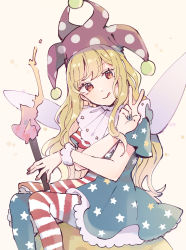Rule 34 | 1girl, :q, american flag dress, blonde hair, blue nails, clownpiece, commentary request, hat, highres, holding, holding torch, long hair, looking at viewer, mozukuzu (manukedori), nail polish, red eyes, red hat, simple background, solo, swept bangs, tongue, tongue out, torch, touhou, v, very long hair, yellow background