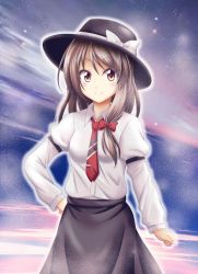 Rule 34 | 1girl, bow, brown eyes, brown hair, hair bow, hand on own hip, hat, hat bow, necktie, reimei (r758120518), solo, touhou, usami renko