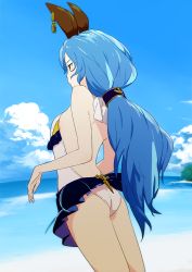 Rule 34 | 10s, 1girl, animal ears, ass, backless outfit, beach, blue hair, breasts, brown eyes, day, erune, ferry (granblue fantasy), flat ass, granblue fantasy, long hair, ocean, ponytail, sideboob, small breasts, so shina, sohin, solo, swimsuit
