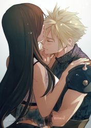 Rule 34 | 1boy, 1girl, absurdres, armor, bare arms, bare shoulders, black hair, blonde hair, blush, brown hair, closed eyes, cloud strife, couple, earrings, final fantasy, final fantasy vii, final fantasy vii remake, highres, hug, jewelry, kiss, kissing forehead, long hair, maiii (smaii i), shoulder armor, spiked hair, sweater, tank top, tifa lockhart, turtleneck, turtleneck sweater, upper body, white tank top