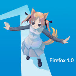 Rule 34 | 1girl, animal ears, blue eyes, fox ears, fox tail, from above, full body, hair ribbon, lolifox, long hair, long sleeves, looking at viewer, mozilla firefox, orange hair, os-tan, outstretched arms, personification, ribbon, shoes, skirt, smile, solo, spread arms, standing, tail, twintails