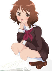 Rule 34 | 1girl, absurdres, brown eyes, brown hair, hand to own mouth, hibike! euphonium, highres, looking at viewer, oumae kumiko, peeing, puddle, school uniform, smile, solo, squatting, white background