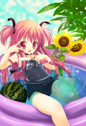 Rule 34 | 10s, angel beats!, flower, food, fruit, long hair, one-piece swimsuit, pink hair, popsicle, red eyes, school swimsuit, solo, submerged, sunflower, swimsuit, twintails, two side up, v over eye, wading pool, watermelon, yui (angel beats!), yuutsuki hina