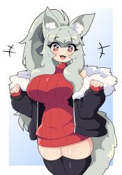 Rule 34 | 1girl, absurdres, animal ear fluff, animal ears, black thighhighs, bow, breasts, bright pupils, commission, daigada, dress, fox ears, fox girl, fox tail, fur collar, gradient background, grey hair, hair bow, high ponytail, highres, jacket, large breasts, long hair, narrow waist, open clothes, open jacket, open mouth, original, red eyes, red sweater, sidelocks, simple background, sleeves past wrists, smile, solo, sweater, sweater dress, tail, thighhighs, turtleneck, turtleneck sweater, very long hair, zettai ryouiki