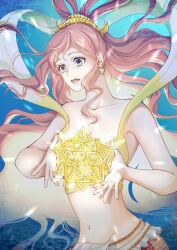 Rule 34 | 1girl, bikini, blue eyes, commentary, earrings, fish hair ornament, geometric solid, hagoromo, hair ornament, half updo, highres, jewelry, kafuyutns, long hair, mermaid, monster girl, one piece, open mouth, pink hair, shawl, shell, shell earrings, shirahoshi, sidelocks, solo, star, swimsuit, underwater, upper body, very long hair, yellow bikini