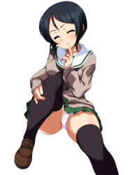 Rule 34 | 10s, 1girl, alternate costume, black eyes, black hair, black neckerchief, black thighhighs, brown footwear, brown sweater, cameltoe, chouno ami, closed eyes, closed mouth, crotch seam, finger to mouth, full body, girls und panzer, green skirt, highres, hugging own legs, loafers, long sleeves, looking at viewer, miniskirt, neckerchief, ooarai school uniform, ouhashi, panties, pantyshot, pleated skirt, school uniform, serafuku, shoes, short hair, simple background, sitting, skirt, smile, solo, sweater, swept bangs, thighhighs, underwear, white background, white panties, winter uniform