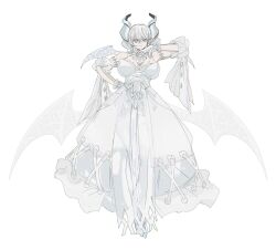 Rule 34 | 1girl, bare shoulders, breasts, closed mouth, commentary request, dress, earrings, full body, gloves, grey hair, hair between eyes, hand on own hip, highres, horns, jewelry, large breasts, light smile, looking at viewer, lovely labrynth of the silver castle, low wings, multiple wings, pointy ears, see-through, simple background, solo, strapless, strapless dress, thighhighs, toba (toba game), white background, white dress, white gloves, wings, yellow eyes, yu-gi-oh!