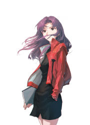 Rule 34 | 1girl, absurdres, black dress, breasts, brown eyes, closed mouth, collared dress, collared jacket, cowboy shot, cropped jacket, dino (dinoartforame), dress, floating hair, highres, jacket, jewelry, katsuragi misato, long hair, long sleeves, looking to the side, neon genesis evangelion, nerv, open clothes, open jacket, parted bangs, purple hair, red jacket, short dress, solo, standing, white background