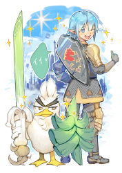 Rule 34 | 1boy, ;d, absurdres, armor, back-to-back, beak, bird, blue eyes, blue hair, blue sky, brown eyes, chainmail, creatures (company), crossover, day, duck, elezen, elf, feathers, final fantasy, final fantasy xiv, food, full body, game freak, gen 8 pokemon, hair between eyes, hand on own hip, haurchefant de fortemps, haurchefant greystone, height difference, highres, holding, holding food, holding shield, holding spring onion, holding vegetable, looking at viewer, looking back, nintendo, one eye closed, open mouth, outdoors, pointy ears, pokemon, pokemon (creature), pokemon swsh, qing zi, shield, short hair, sidelocks, sirfetch&#039;d, sky, smile, sparkle, spring onion, standing, sun, teeth, thumbs up, unibrow, upper teeth only, vegetable, white feathers