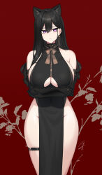 Rule 34 | 1girl, animal ears, arms under breasts, bare shoulders, black dress, black gloves, black hair, cat ears, classy-black-haired girl (hayabusa), closed mouth, clothing cutout, commentary request, covered navel, dress, earrings, elbow gloves, floral background, gloves, hayabusa, highres, jewelry, long hair, looking at viewer, mole, mole under eye, original, pelvic curtain, purple eyes, red background, simple background, solo, thigh strap, thighs, underboob cutout