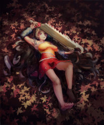 Rule 34 | 1girl, absurdres, arm above head, arm warmers, armpits, autumn leaves, bare legs, barefoot, breasts, breasts apart, day, dress, expressionless, fingernails, full body, grey hair, hatchet, heiyao, highres, large breasts, layered dress, leaf, lips, long hair, looking at viewer, lying, maple leaf, nata (tool), on back, on ground, outdoors, red eyes, sakata nemuno, solo, toenails, touhou, very long hair